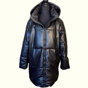 ZARA FAUX BLACK LEATHER PUFFER QUILTED PUFFER HOODED COAT
